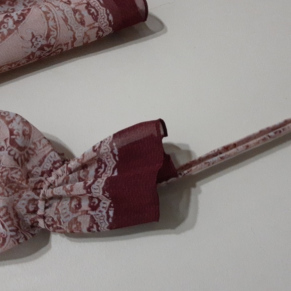 BcbgMaxazria women cold shoulder paisley printed blouse puff tied up Y2K M pink - Picture 3 of 10